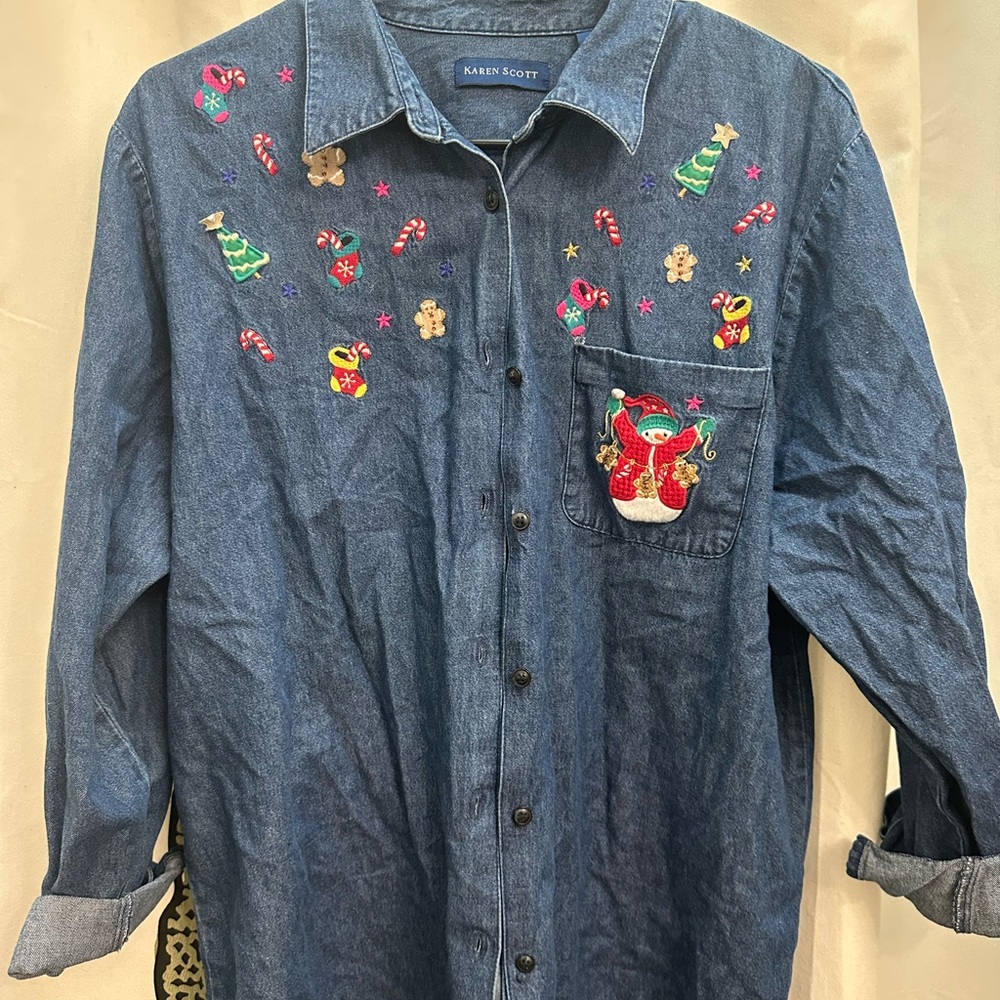 Karen Scott Denim Shirt with Festive Embroidery